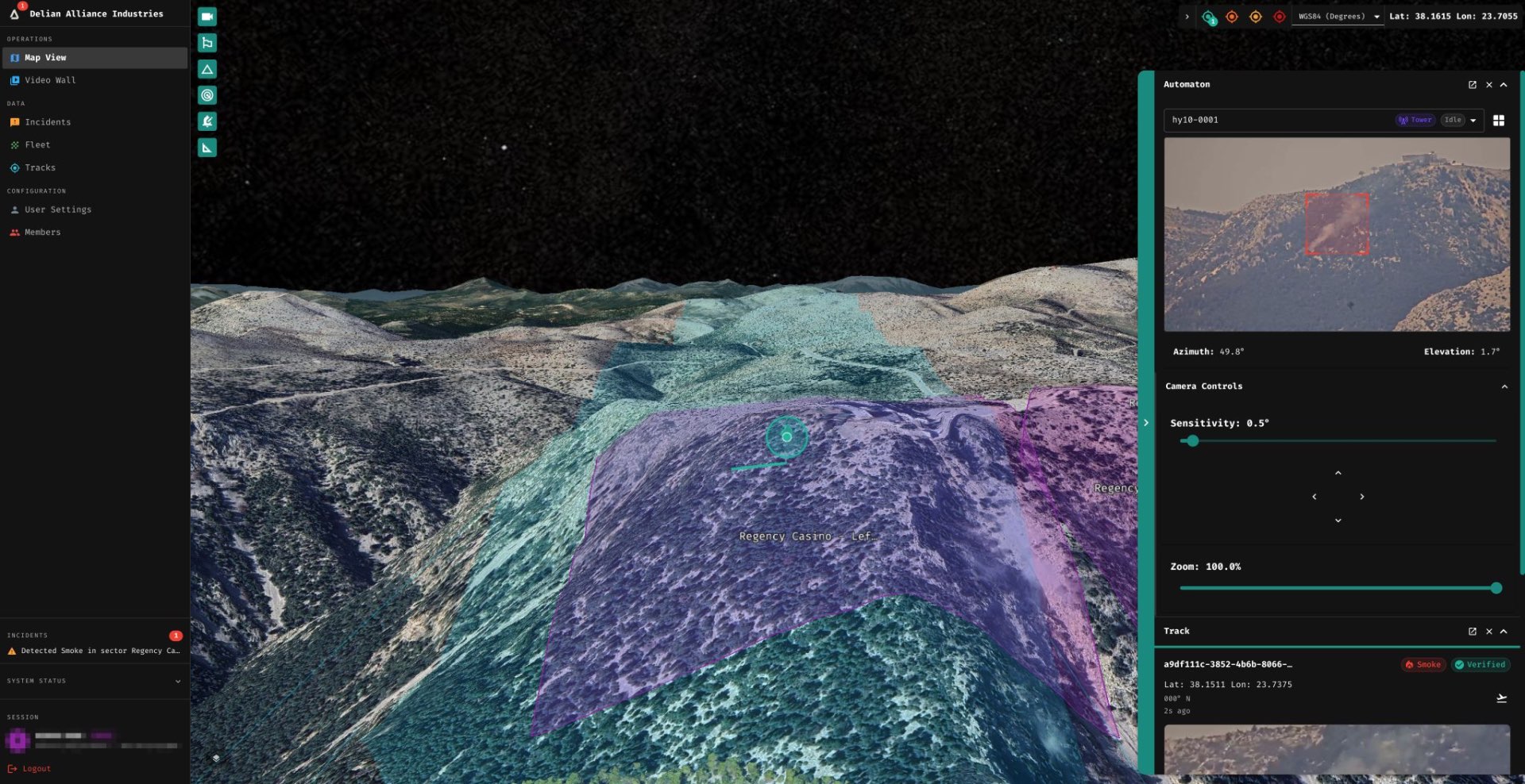 FireWeb C2 command interface overlaying a 3D terrain view with a detected incident and live camera feed